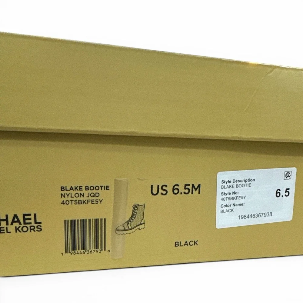 Michael Kors Blake Logo Jacquard Leather Lace Up Combat Boots Black Wm 6.5 NIB